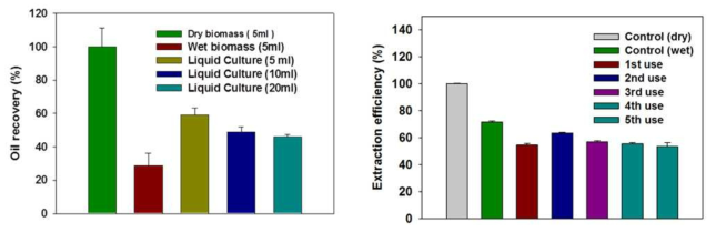 배지의 용량에 따른 지질 회수율 (왼쪽) 및 수지의 재사용 (오른쪽)
