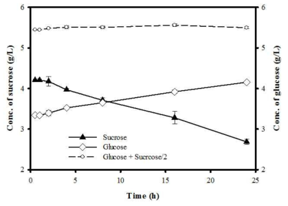 추출 시간에 따라 변화하는 추출물 내의 sucrose, glucose