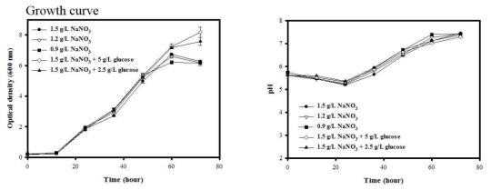 Time course of cell accumulation (O.D. 600 nm), and pH changes under various concentration of NaNO3. 3번 반복하여 standard error를 에러바로 만들었음