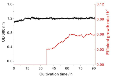 Effective growth rate and optical density at 680 nm of mixed culture of three species