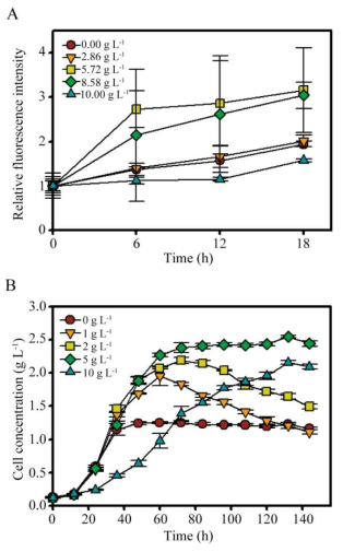 Growth Comparison between Microfluidic Device and Flask-Scale (A) Growth curves of C. reinhardtii cultured at various sodium acetate concentrations as an organic carbon source on the microfluidic device. Fluorescence intensity values were normalized for relative quantification. (B) Growth curves of C. reinhardtii cultured at various sodium acetate concentrations as an organic carbon source in the flask-scale