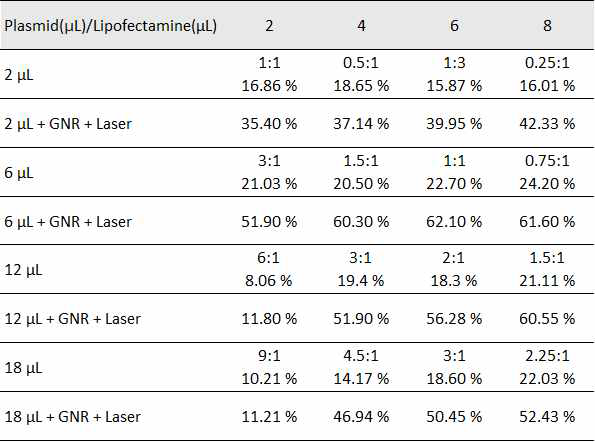 리포펙타민과 플라스미드의 비율 및 유전자 전달 효율