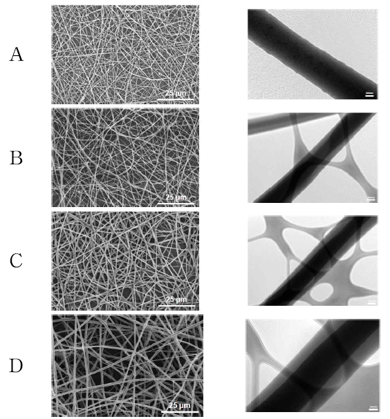 NO 방출 나노섬유와 다양한 종류의 코어-쉘 나노섬유의 SEM, TEM 이미지 (왼쪽은 SEM, 오른쪽은 TEM 이미지): (A) 3 % MAP3 나노섬유, (B) 12 wt% TPU, (C) 10 wt% PCL, (D) 30 wt% 17FTMS 코어-쉘 나노섬유
