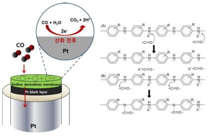 센서 표면에서의 폴리아닐린 막에 의한 CO의 흡착과 전기화학적 산화 전류를 이용한 감응원리