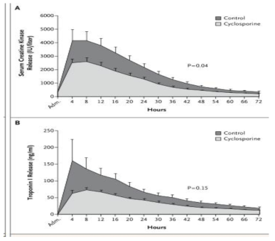 심근경색증에서 Cyclosporin A 치료 후 심근효소 수치 변화(N Engl J Med 2008;359:473-81)