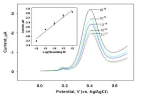 전기화학적 활성을 갖는 음전하성 14nm 크기의 실리카 나노입자를 이용하여 측정한 트롬빈의 네모파 전압전류도와 검정곡선