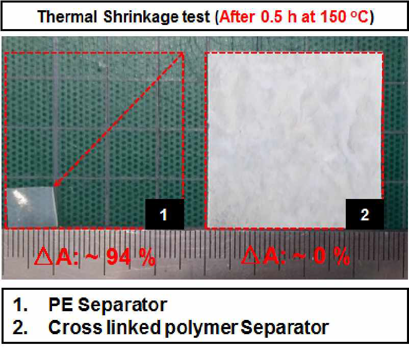 PE 분리막 및 신규 고안정성 복합 분리막의 열수축 테스트 후 사진