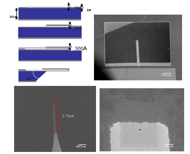 공정개략도, Ti-Pt 전극 형성 후 SiN4 로 외부와 절연된 캔틸레버, FIB로 탐침 제작 부위 형성, 전자빔을 이용한 W 탐침 SEM 이미지( 왼쪽 위부터 시계방향)