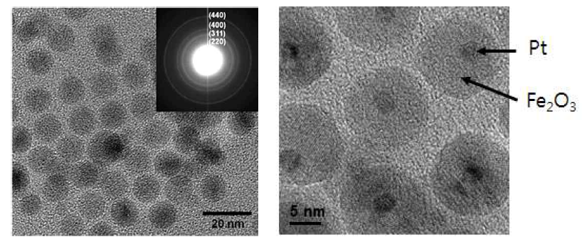 Fe2O3(왼쪽)와 Fe2O3@Pt core-shell 구조의 나노입자 전자현미경 사진