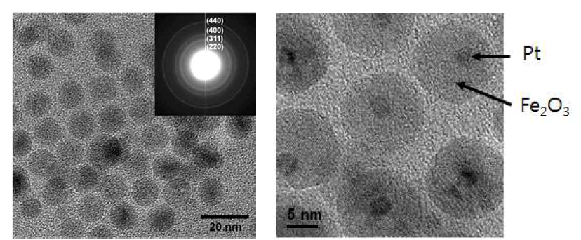 Fe2O3(왼쪽)와 Fe2O3@Pt core-shell 구조의 나노입자 전자현미경 사진