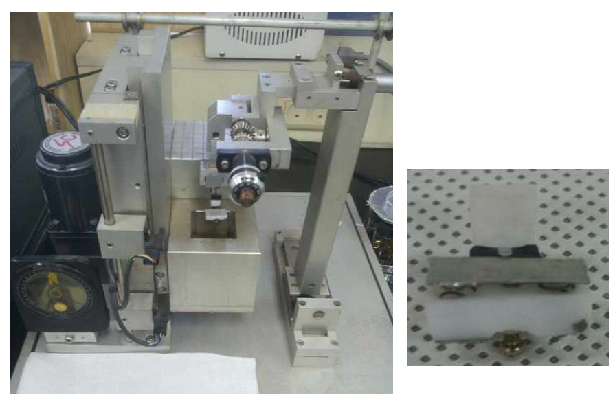 탐침의 표면개질을 위한 나노입자 코팅기. 전체 장비 및 캔틸레버 홀더 부분(오른쪽)