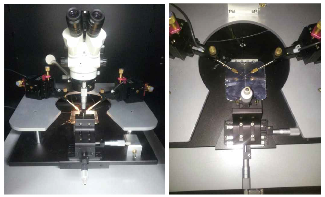전기천공을 위한 프로브스테이션. 3차원 이동이 가능한 액상 시료 스테이지(오른쪽)