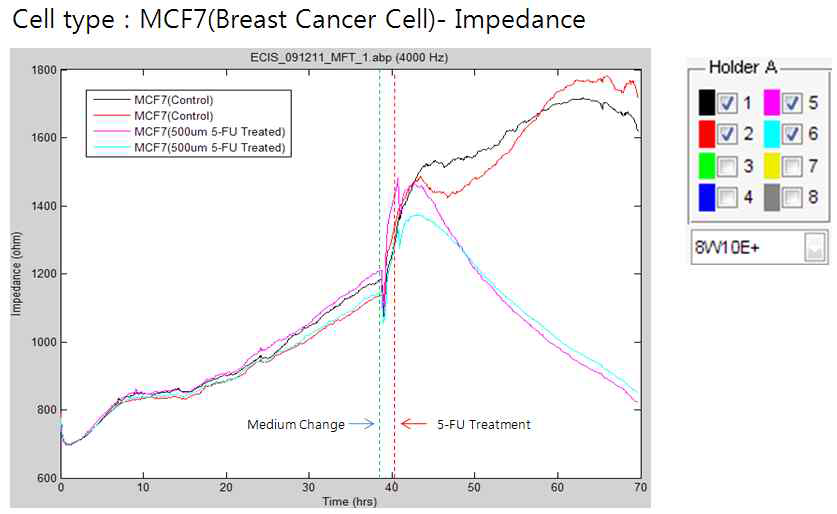 MCF-7 cell 에 항암제인 5-FU 를 처리한 후 그 영향을 impedance 로 측정한 그래프