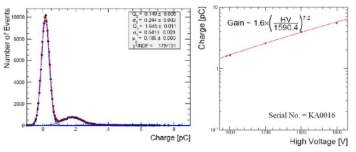 Single photoelectron charge distribution (left), PMT gain curve (right)