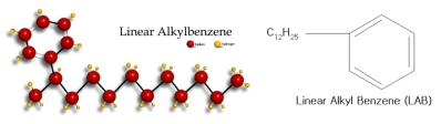 PC와 MO/dodecane 혼합 용액 대용으로 사용할 수 있는 LAB (CnH2n+1-C6H5, n=10~13)의 분자 구조식. 벤젠고리를 가지고 있어, 형광을 할 수 있다. LAB은 청정제 등에 사용된다