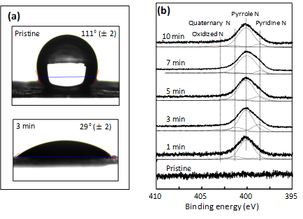 (a) Water contact angles and (b) N1s XPS profiles of pristine and plasma treated DWNTs, respectively