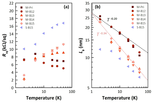 Temperature dependent (a) SWNT sheet resistance Rsq (b) and phase coherence length Lθ