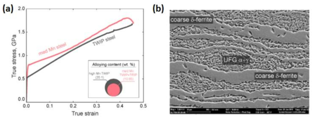 (a) 중망간강과 고망간강(TWIP 강)의 인장물성 (b) UFG 중망간강의 미세조직