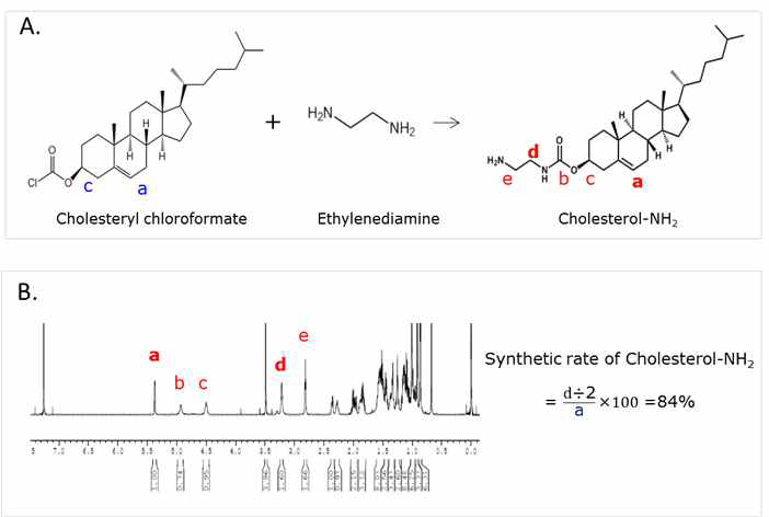 (A) 콜레스테롤-아민 화학 구조식, (B) 콜레스테롤-아민 NMR 분석결과