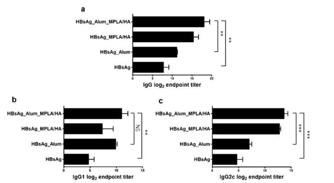 HBsAg_Alum_MPLA/HA의 면역보조제를 1차례, 2차례 주입하여 효소면역측정법을 이용한 면역글로불린 a, G와 G의 subtype인 b. IgG1, c. IgG2c 결과