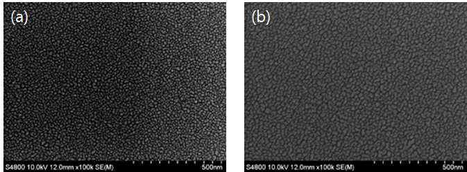 E-gun evaporator를 이용하여 증착된 Au 박막의 표면 전자현미경 사진 (a)두께 3 nm (b)두께 5 nm
