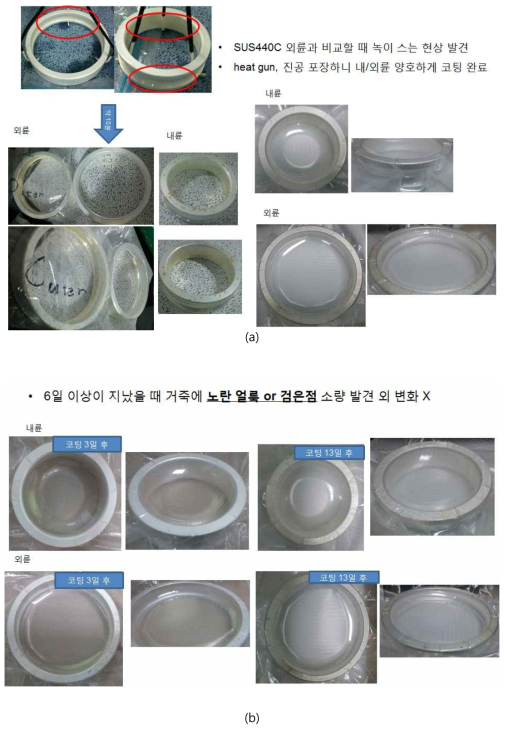 형번 6214 베어링 모재 위 코팅된 은 소재 고체윤활제 모습. (a) 은 코팅 후 모습, (b) 진공 포장 상태 6일 후 모습