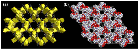 (a) 금속 포르메이트의 M(HCO2)2 구조; (b) 다공성 쿠커비투릴의 구조