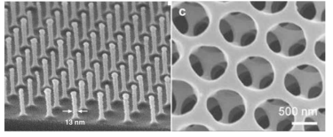 100 nm주기의 나노 필라 (에칭공정을 통한 실리콘 패턴, MIT) 및 3중 간섭을 이용한 폴리머 (SU-8) 입체 구조 (펜실베니아 대학)