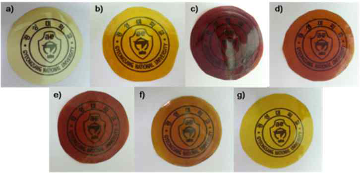 폴리이미드 membrane samples (mole ratio of DAF-BAPF) a) 10:0, b) 8:2, c) 6:4, d) 5:5, e) 4:6, f) 2:8, g)0:10