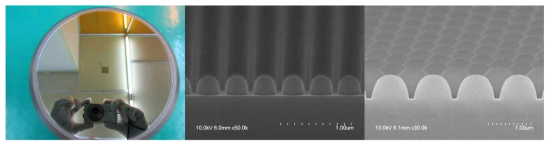 최종 제작된 200 nm 급 지그재그 정렬 돔형 패턴의 8인치 기판, 일렬 정렬의 200 nm 급 돔형 패턴 어레이, 지그재그 정렬의 500 nm 급 돔형 패턴 어레이