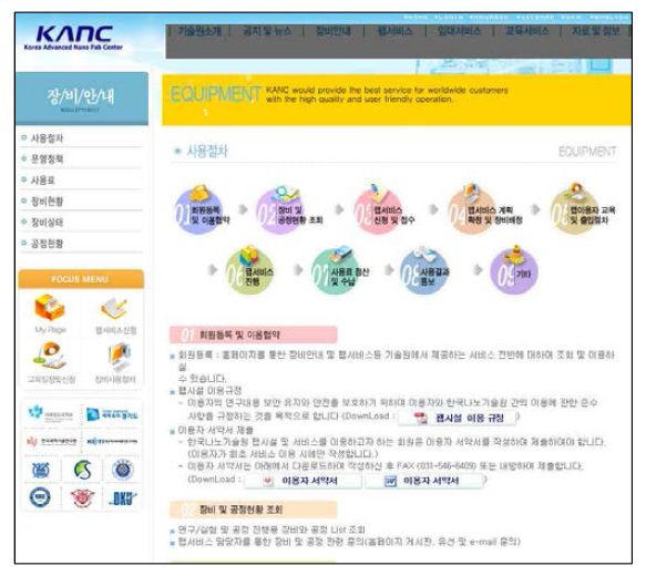 한국나노기술원 시스템 장비안내 화면