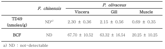 Bioconcentration factors of TD49 for F. chinensis and P. olivaceus (n=3)