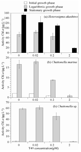 Changes in active Chl. a concentration of Heterosigma akashiwo (a), Chattonella marina (b) and Chattonella sp. (c) after TD49 substance in oculation in three (lag, logarithmic and stationary) growth pahses. Error bars represent the standard deviation of triplicate samples