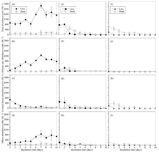 Changes in Zooplankton of Heterosigma akashiwo. for experiment of control total abundance (a) Oithona spp. abundance (b), Cirriped larvae abundance (c) others abundance (d), Methanol (e-h) and 2 μM of TD 49 (i-l). Controls were algal cultures without TD 49 substance. Experiment of methanol and TD 49 substance were algal cultures after inoculated each substance. Error bars represent the standard deviation of triplicate samples