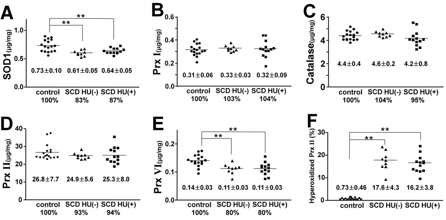 겸상적혈구 환자와 정상군에서의 여러 항산화효소의 정량적 분석. SOD1(A), PrxI(B), catalase(C), PrxII(D), PrxVI(E), PrxII의 과산화(F), SCD HU(-), Hydorxyurea미복용 환자; SCD HU(+), Hydorxyurea복용 환자. ** p< 0.05