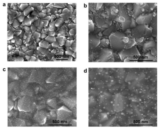 FTO glass (a), Ptspread FTO(b), GO/Pthybrid(c), GO/Au hybrid(d) GO 처리된 표면에서 금속 나노입자 성장이 매우 고르게 분포