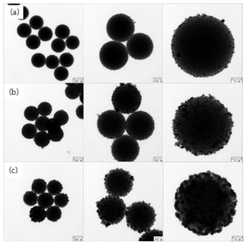 (a) 10 nm, (b) 20 nm, (c) 30 nm Ag 나노입자가 고정된 실리카-Ag 나노복합체의 TEM 이미지