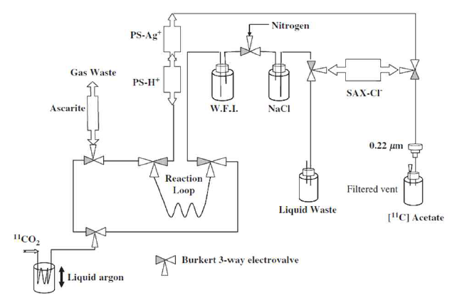 Dmitri Soloviev의 loop 반응을 이용한 Acetate 합성 scheme *Applied Radiation and Isotopes 64 (2006) 995–1000