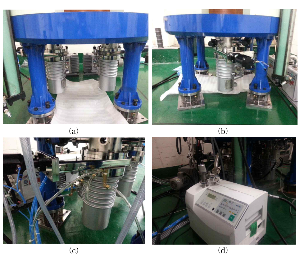 진공 시스템 구성 : (a)diffusion 펌프와 oil rotary 펌프 (b)메인 벨브, (c)냉각 및 에어 라인, (d) 헬륨 leakage 테스트