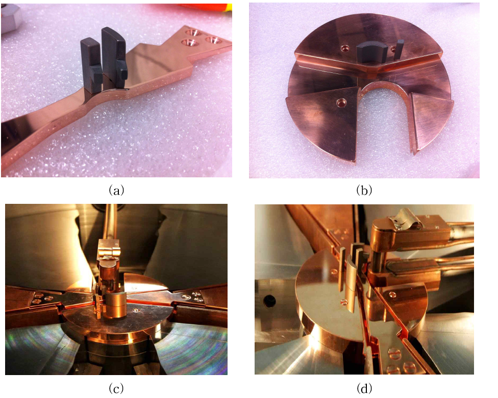 (a)센터디 및 풀러 (b)센터블럭 (c),(d)전자석 및 공진기에 중심부 구조체들을 체결한 후 이온원을 삽입한 모습