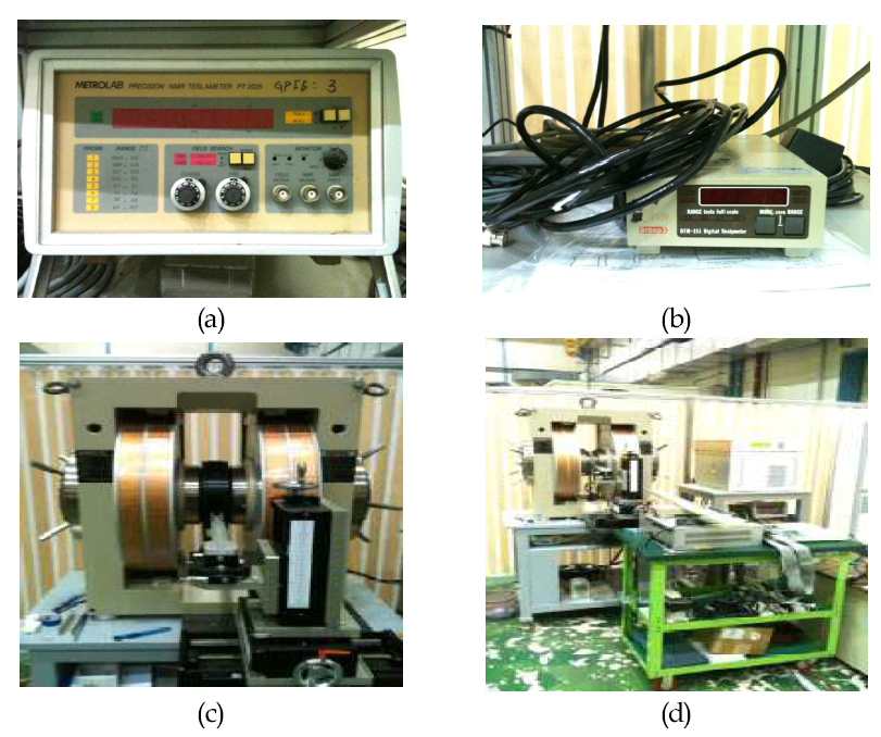 9MeV 사이클로트론 전자석 측정장치의 calibration; (a)NMR (b)테슬라 미터, (c)스탠다드 전자석, (d)상기 장비들을 이용한 홀 센서의 calibration을 실시하는 모습