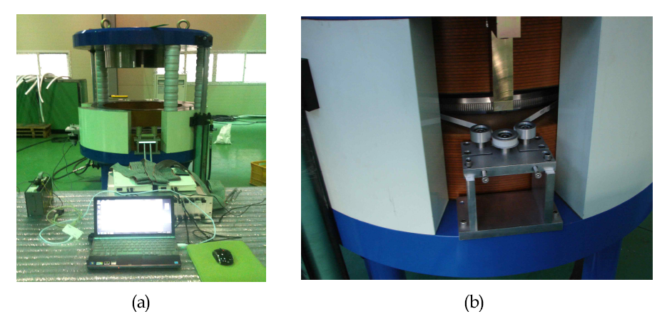 9 MeV 사이클로트론 전자석과 자기장 측정장치; (a)자기장 측정장치가 설치된 9 MeV 사이클로트론 전자석, (b)자기장 측정장치 구동부의 후면