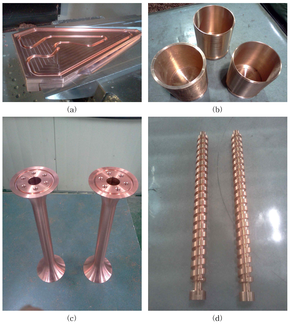 고주파 공진기 부분 제작품: (a)디, (b)라이너, (c) 스템, (d) 냉각 라인