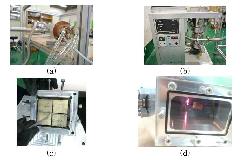 이온원 테스트를 위한 실험 환경 : (a) 냉각 라인, (b) 진공 펌프, (c) 영구 자석, (d) 챔버 및 방전이 된 이온원