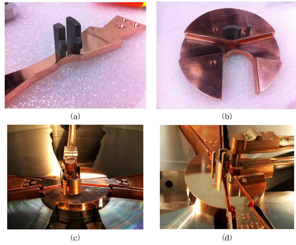 (a)센터디 및 풀러 (b)센터블럭 (c),(d)전자석 및 공진기에 중심부 구조체들을 체결한 후 이온원을 삽입한 모습