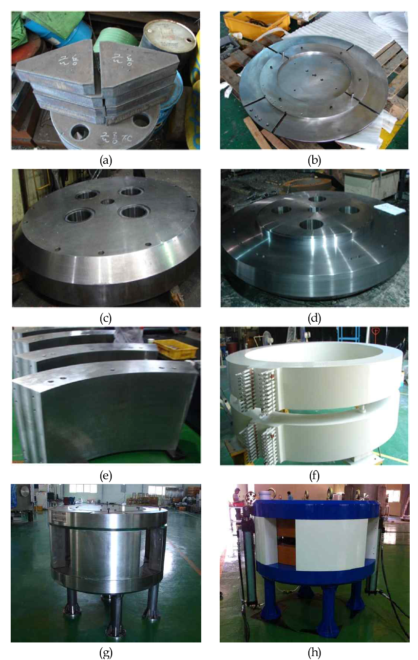 초절전 9 MeV 사이클로트론 전자석의 제작과정; (a)전자석 힐, (b)(c)(d)전자석의 상·하 요크부분, (e)전자석의 사이드 요크, (f)전자석 코일, (g)조립된 전자석의 모습, (h) 도색이 완료된 9 MeV 사이클로트론 전자석