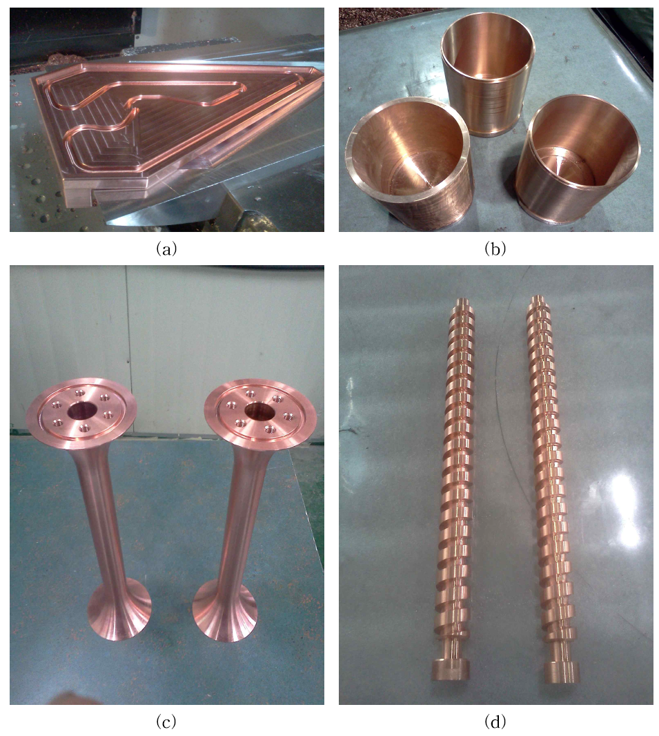 고주파 공진기 부분 제작품: (a)디, (b)라이너, (c) 스템, (d) 냉각 라인