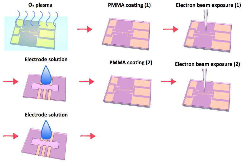 전기화학 반응의 in-situ 관찰을 위한 샘플 준비 과정. E-beam lithography 를 이용해 biasing chip 위에 양극과 음극을 분리하여 분산