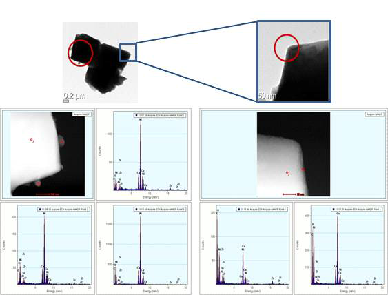 LiNi0.8Co0.15Al0.05O2 (NCA)양극소재 표면에 코팅된 ZrO2의 TEM image 및 EDS분석