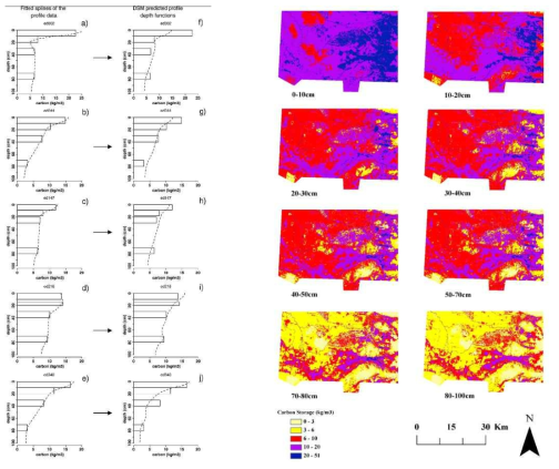 왼쪽: 5개 지역의 토양단면의 탄소 자료를 이용하여 splines로 fitting(a-e), 디지털 토양예측(f-j)한 모형, 오른쪽: 1m 깊이까지 등간격 8개 토양단면별 탄소(㎏/㎥) 추정지도